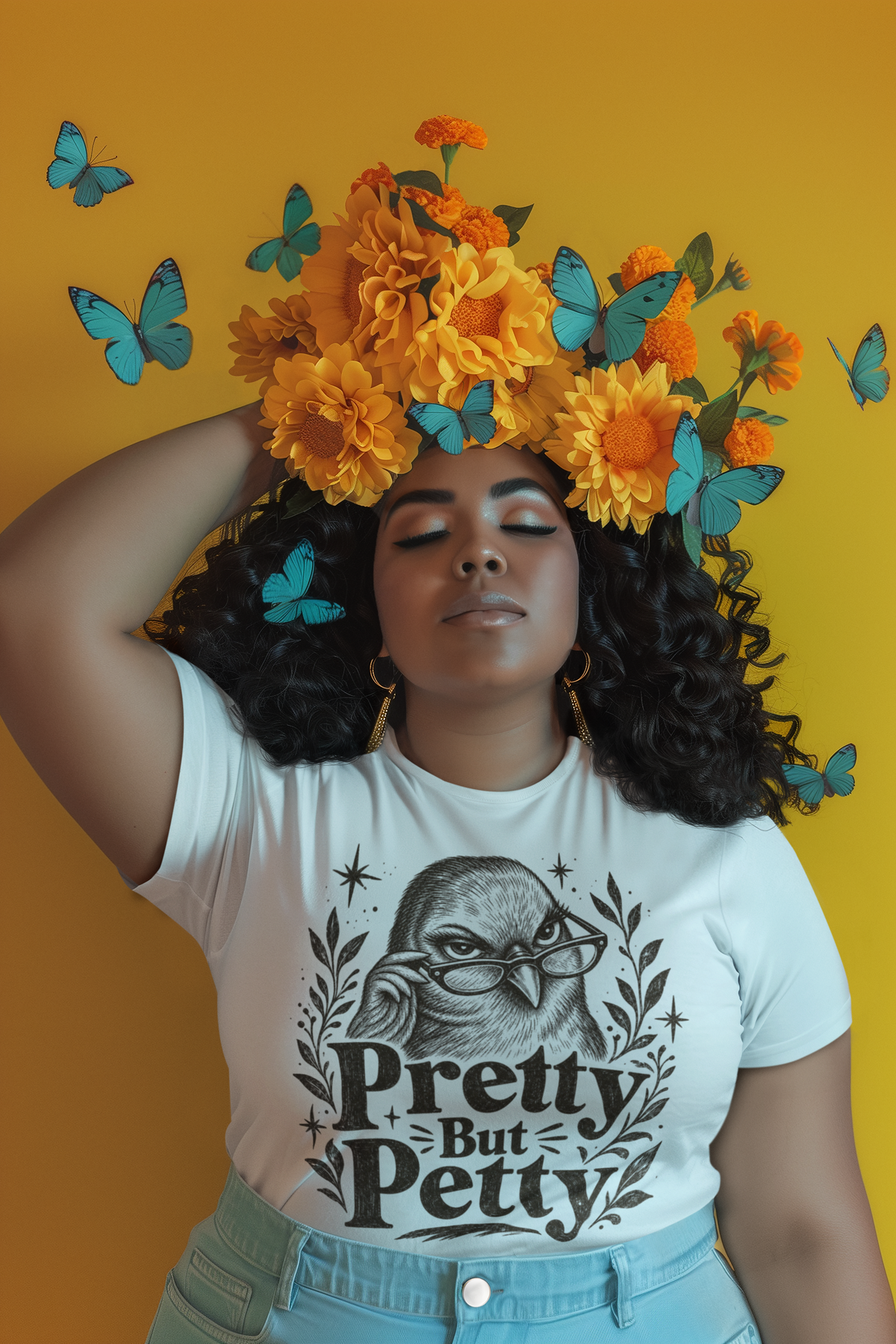 Pretty But Petty Bird Graphic Tee — Sassy Script Vintage Illustration T-Shirt